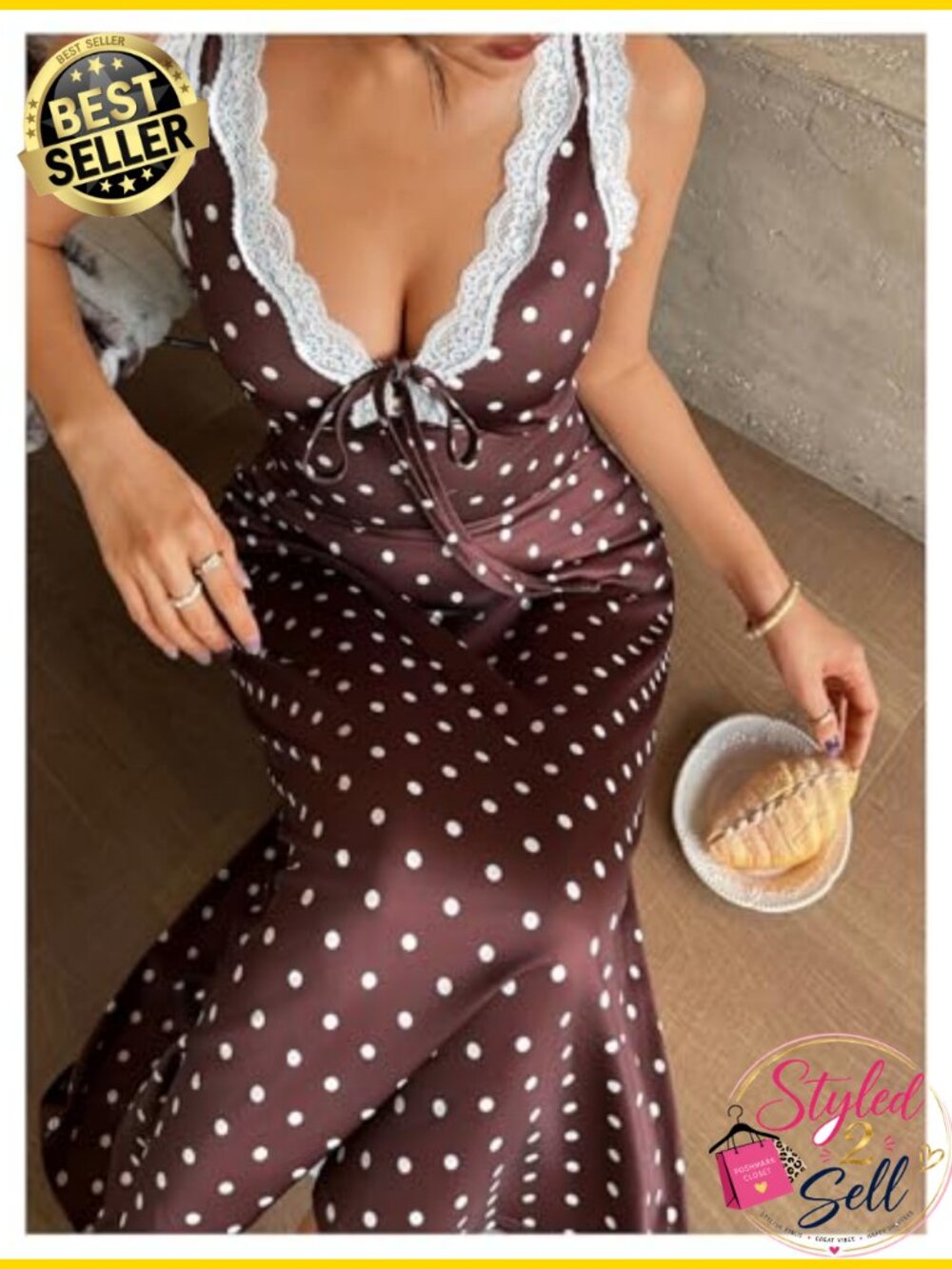 Lace Trim Polka Dot Nightgown Tie Front Sleep Dress Sleeveless - Picture 3 of 5